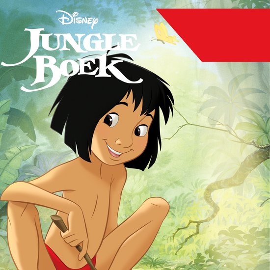 Mowgli, met zijn rode lendendoek, zit glimlachend in een jungle. Boven hem fladdert een gele vlinder. De titel 'Disney Jungle Boek' staat in witte letters.