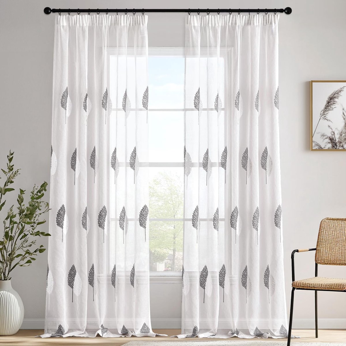 Ibenzoa Gordijnen met geborduurd bladpatroon voor stijlvolle raamdecoratie, set van 2, grijs-wit, H 245 x B 140 cm Grote bladeren grijs