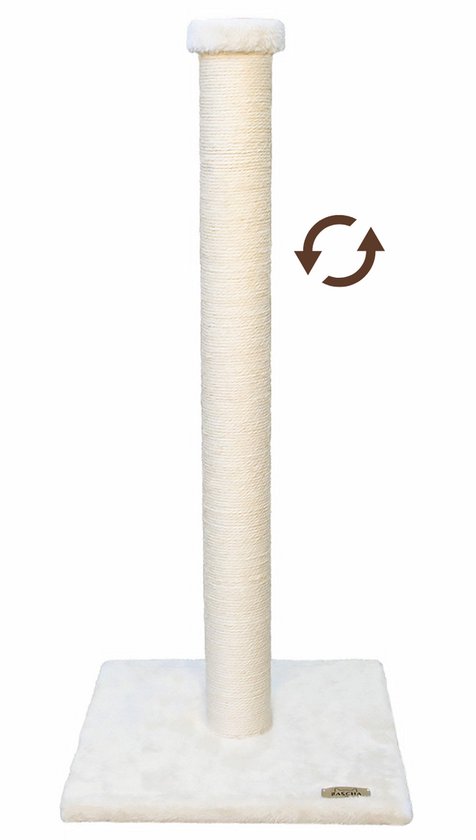 Beige krabpaal met sisal touw op een crème, pluizige vierkante voet. "BASCHA" logo.