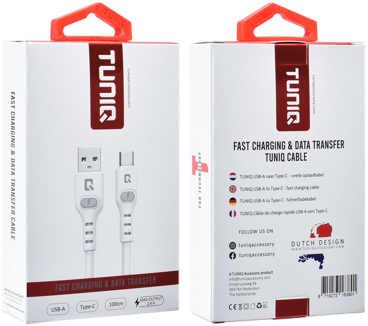 TUNIQ USB-A naar USB-C Kabel 100cm - Snelle oplaadkabel - Wit