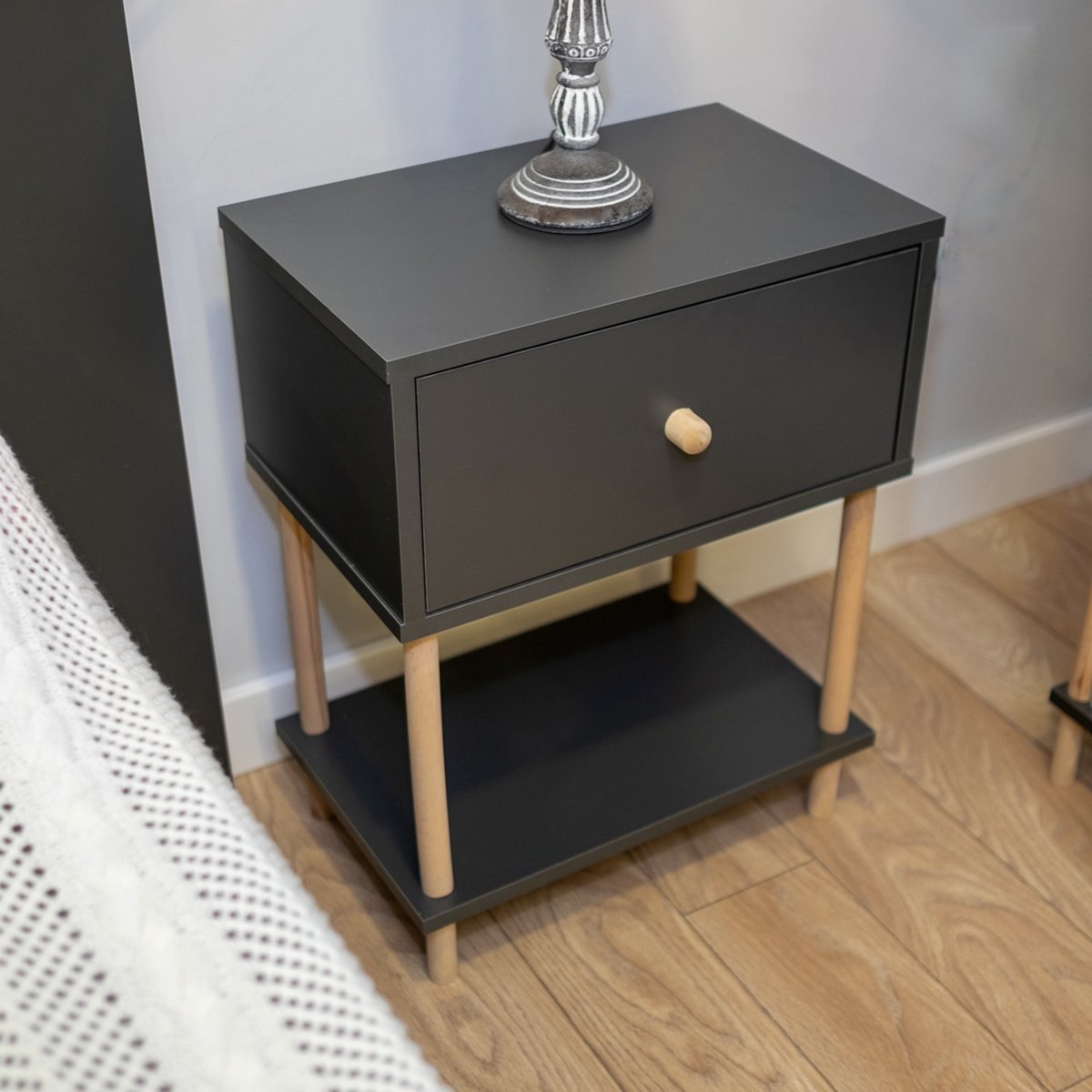 City of Wood Modern Nachtkastje met Houten Poten, Afdekblad en Organisator - Nachtkastje voor Slaapkamer - Grijs