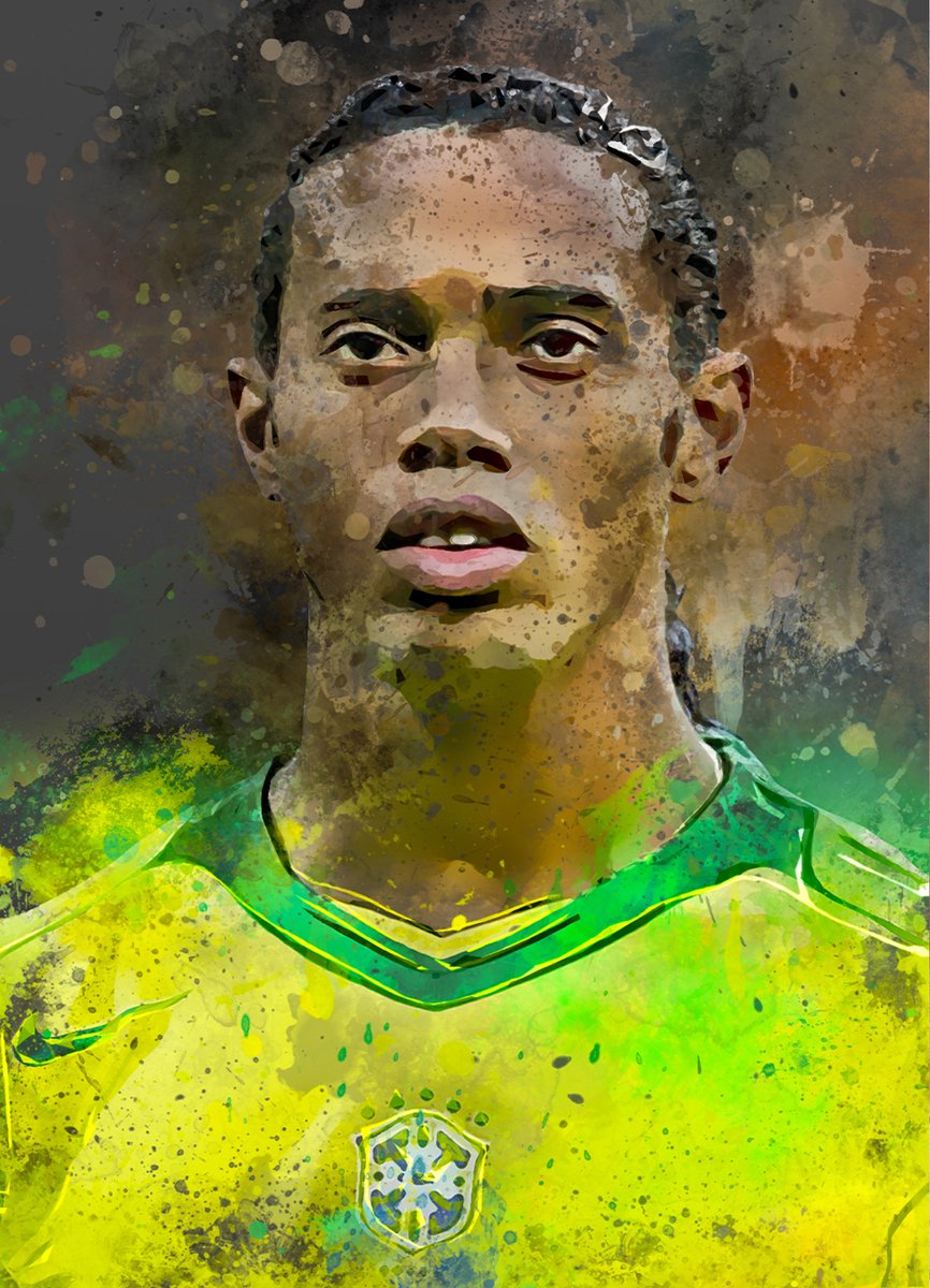 Wallofprints Ronalinho voetbalposter A0 formaat - Ronaldinho poster - 84.1 x 118.9 cm - Unieke waterverfstijl poster van Ronaldinho in het Braziliaans tenue Donkergrijze achtergrondkleur