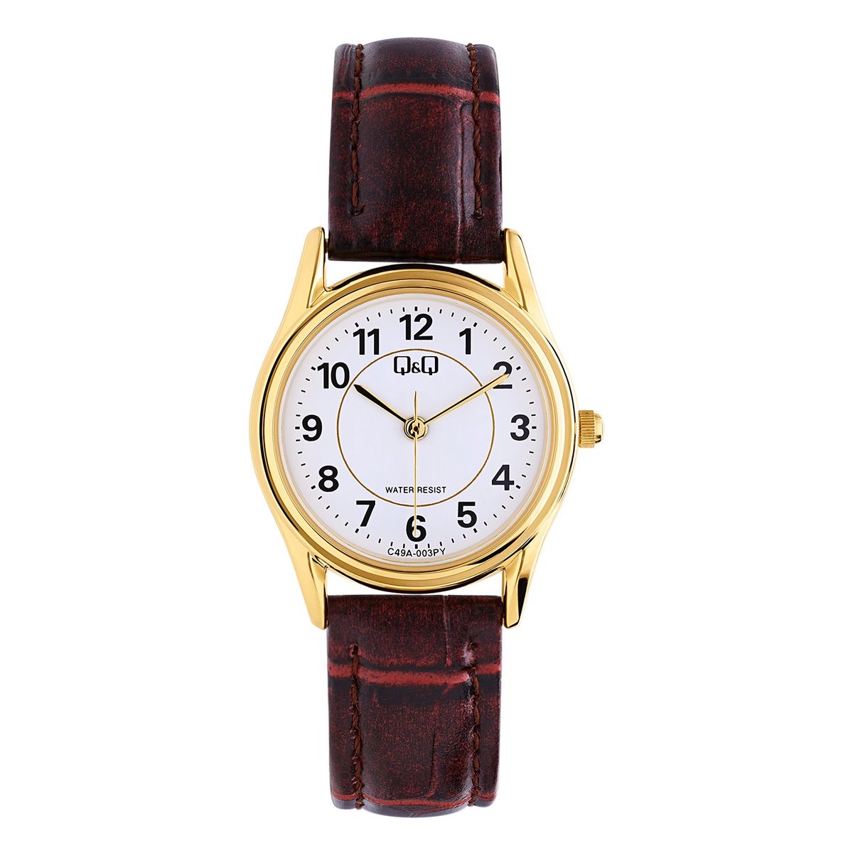 QQ C49A-003PY - Horloge - Polshorloge - Analoog - Dames - Vrouwen - Leren band - Rond - Metaal - Cijfers - DonkerBlauw - Goudkleurig - Wit