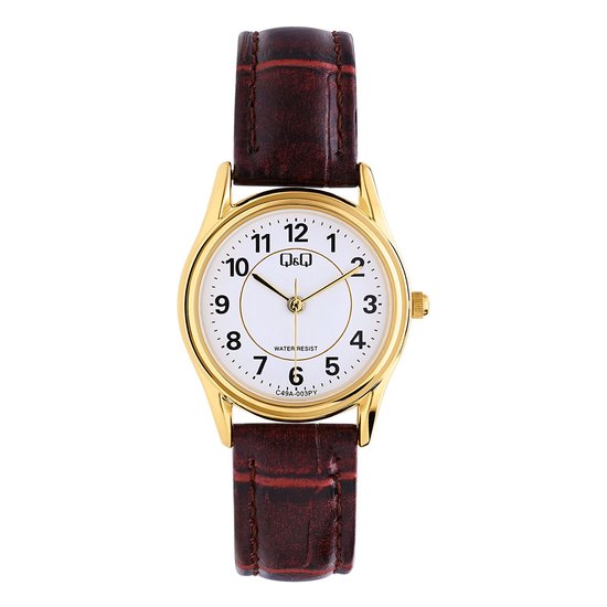 Q&Q C49A-003PY-Montre-Dames-Couleur or-Cadran transparent-Bracelet en cuir marron-30MM