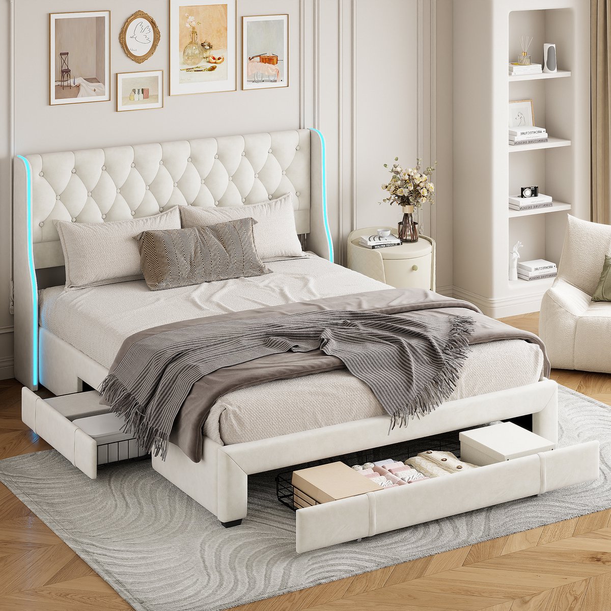 Gestoffeerd bed 160x200 cm met lattenbodem en 3 laden, hoofdeinde met LED, tweepersoonsbed jeugdbed Bedframe voor volwassenen en tieners, zonder matras, fluweelbeige