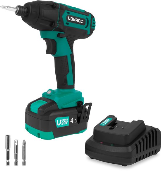 VONROC Accu Slagschroevendraaier 20V 180Nm 6,35mm ¼” Zeskant Bit LED Werkverlichting Inclusief Accu & Snellader