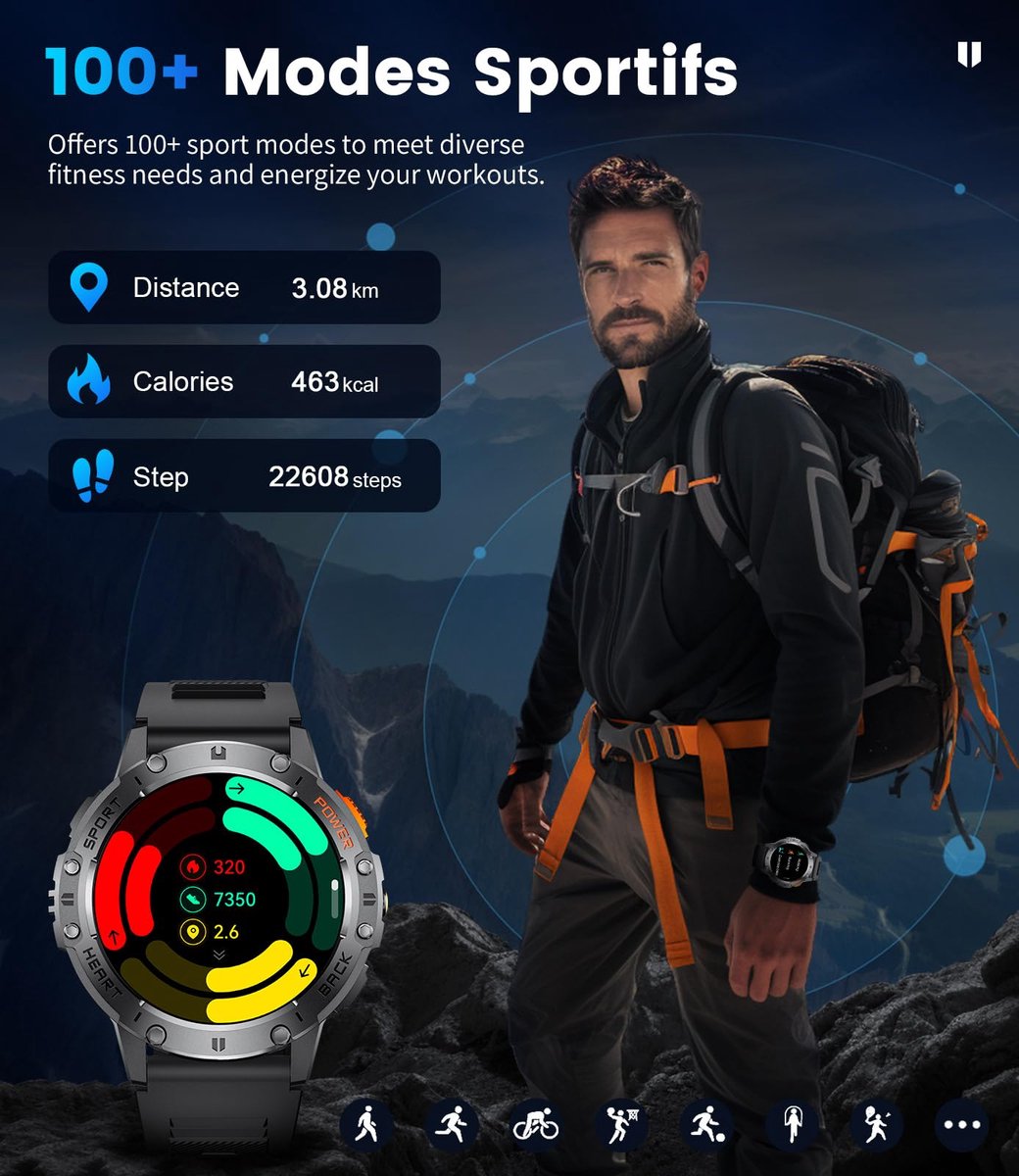 Afbeelding 3 van Kraftverdia® - Smartwatch Heren - met Bluetooth-oproep - 1,43" AMOLED met LED-zaklamp/530mAh - 100+ Sportmodus Fitness Tracker - Hartslag Slaap Gezondheidsmonitor - IP68 waterdicht - voor Android iOS - Stainless Steel en Siliconen bandjes - Zwart