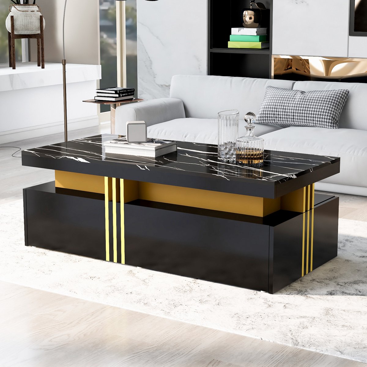 HAUSS SPOLE Salontafel - Rechthoek 100x50x40 cm - Salontafel Met 2 Lades En Hoogglans Marmeren Blad - Modern Design Voor Woonkamer - Hout - Zwart