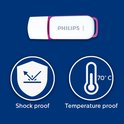 Witte Philips 64GB USB-stick met paarse accenten, met iconen voor schok- en temperatuurbestendigheid.