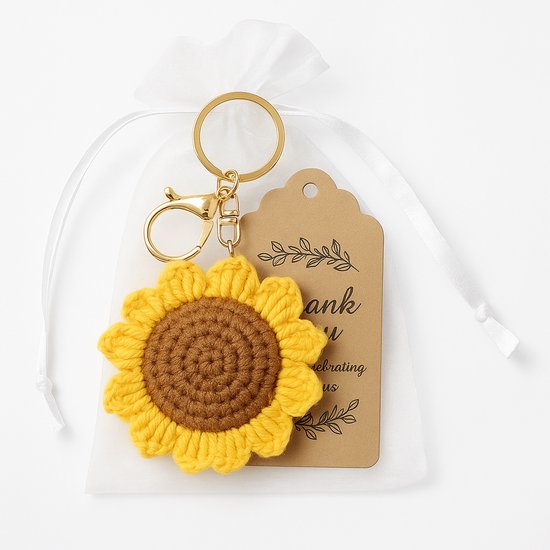 Gebreide Zonnebloem Sleutelhanger - Met Cadeauzakje & Bedankt Kaartje - Bedankt Cadeautje - Cadeautje Juf