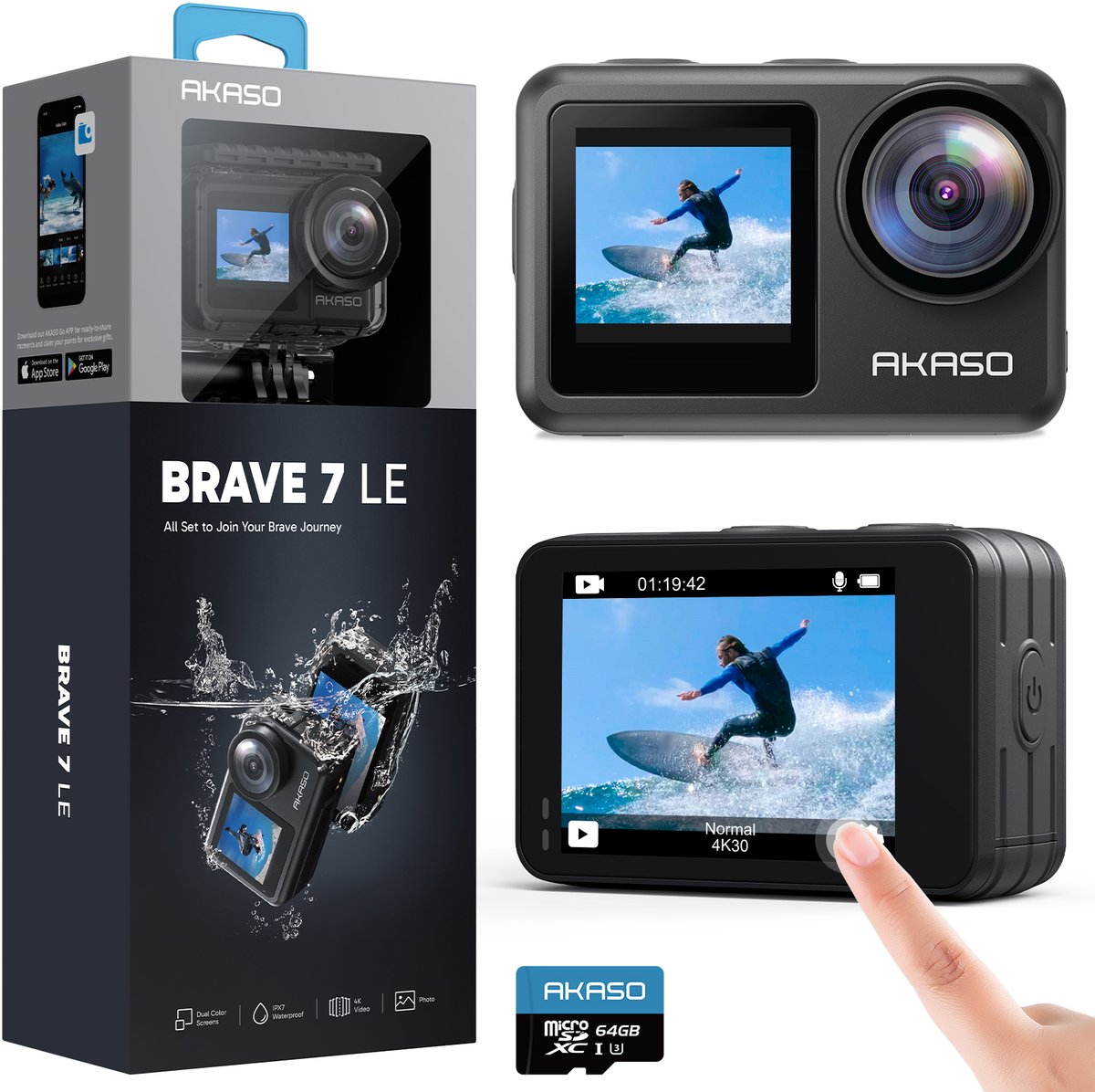 AKASO Brave 7 LE Action Camera 4K – Dubbel Touchscreen – IPX7 Waterdicht – Onderwatercamera tot 40 m – EIS – WiFi – Afstandsbediening – Inclusief Accessoireset & 64GB SD-kaart