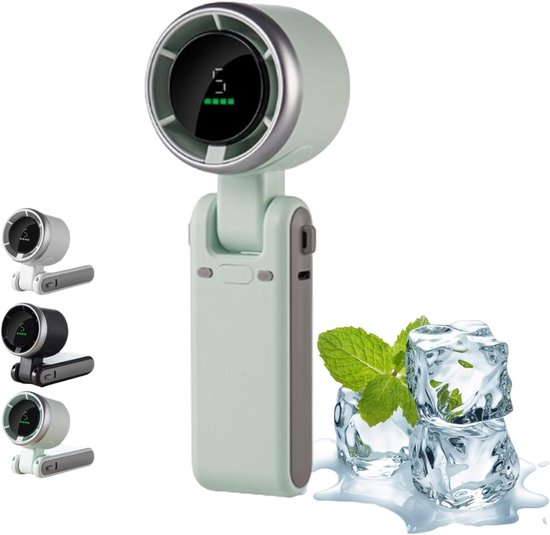 Mini Ventilator Groen – USB Oplaadbaar, 5 Snelheden, 3600mAh, Hand-, Tafel- & Nekventilator, LCD Display, 180° Verstelbaar