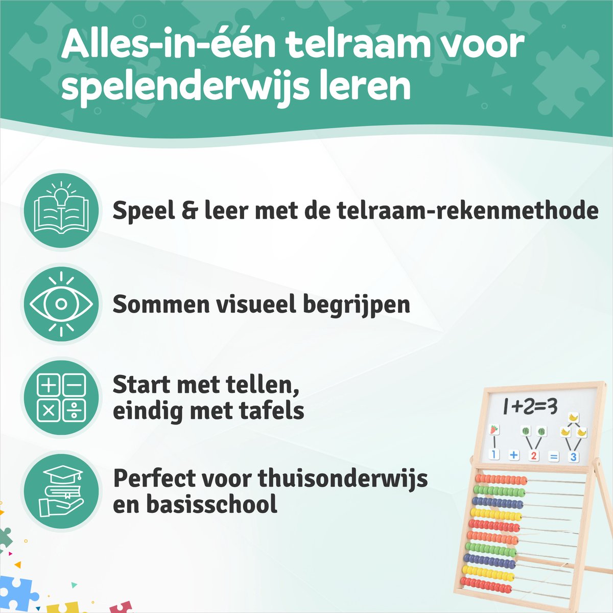 Houten Telraam met 10 Rekenlessen - FSC Hout - Abacus Leermethode - Rekenrek - Leren Rekenen voor Kinderen - Schoolboord - Krijtbord — afbeelding 2