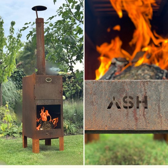 Roestbruine pizzaoven met vlammen en logo 'ASH'.