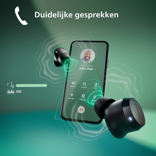 Zwarte Philips oordopjes vangen een oproep aan op een smartphone. De tekst zegt "Duidelijke gesprekken".