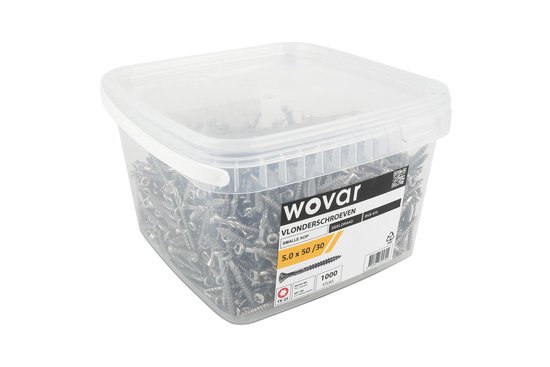 Transparante emmer met 1000 stuks RVS 410 vlonderschroeven, 5.0 x 50 mm, met deeldraad en Torx 25.