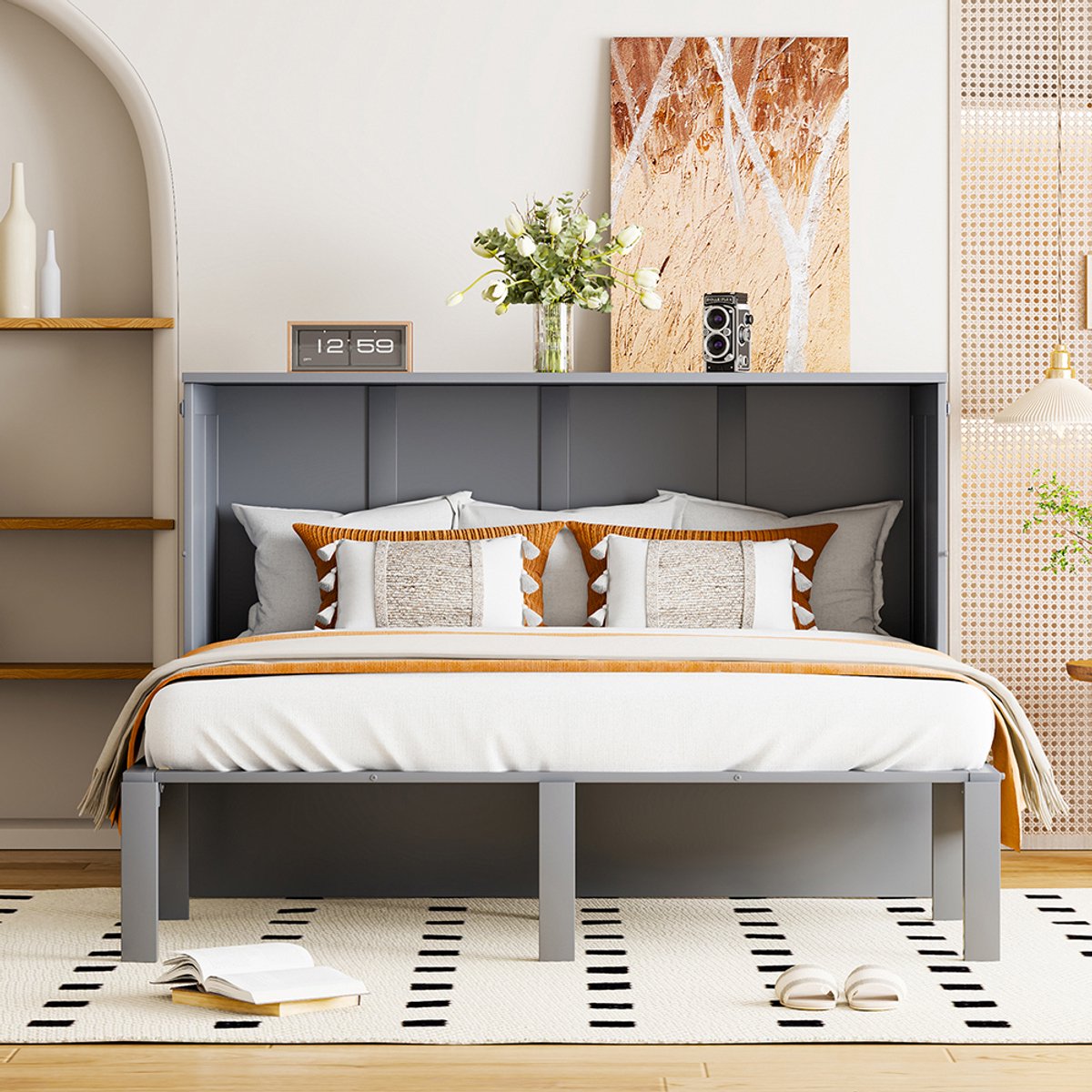 Pugsdrly Opklapbed 140x200 cm, wandbed met lattenbodem, wandklapbed, verticaal opklapbed met lattenbodem, jeugdbed, grijs