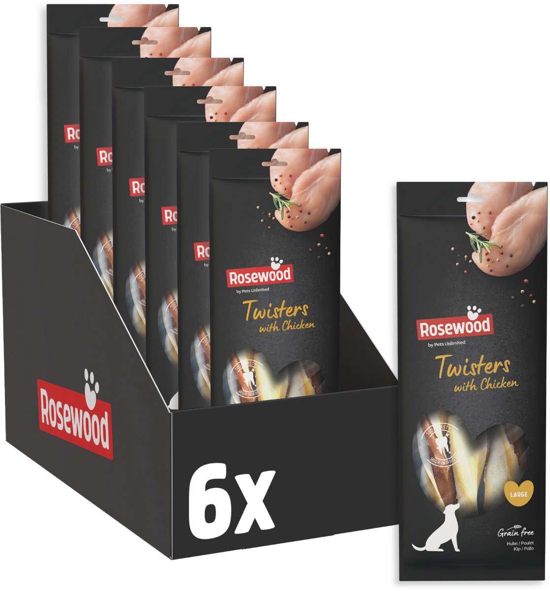 Rosewood Twisters Large Hondensnack Kip - Kauwstaven Runderhuid - voor Grote Honden - 6 x 3 Stuks