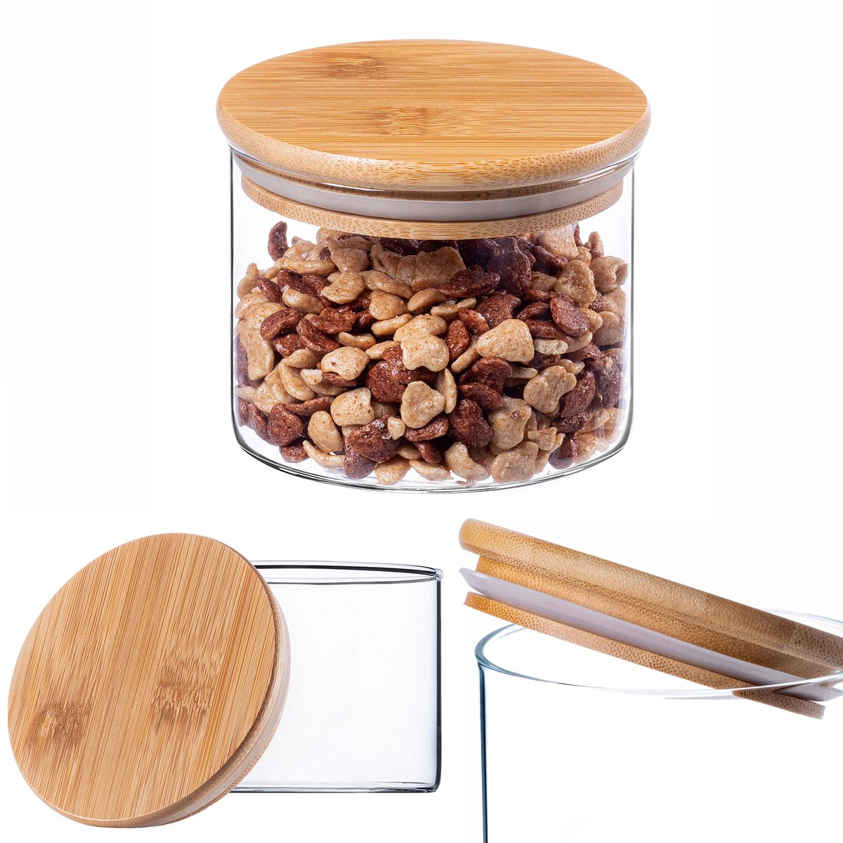 KADAX Glazen container met bamboedeksel, vaatwasmachinebestendige voorraadpotten, luchtdichte voorraaddozen, opbergglas, opbergdoos voor spaghetti, meel, muesli of koffie (rond, 550 ml)