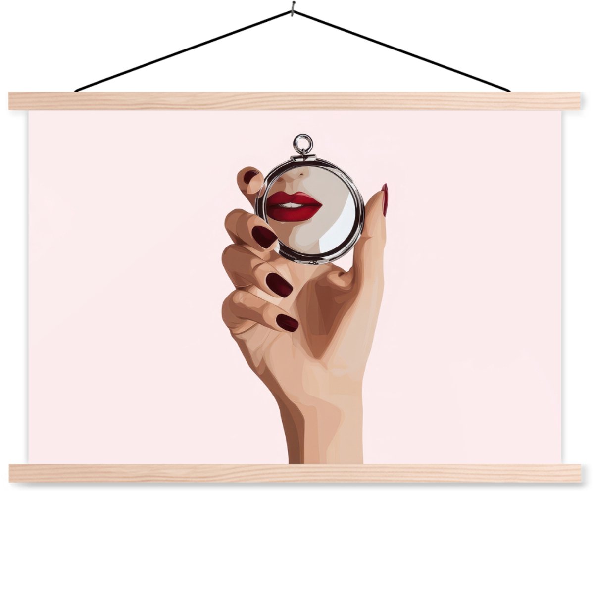 Posterhanger incl. Poster 90x60 cm - Schoolplaat - Spiegel - Rode lippen - Textielposter -