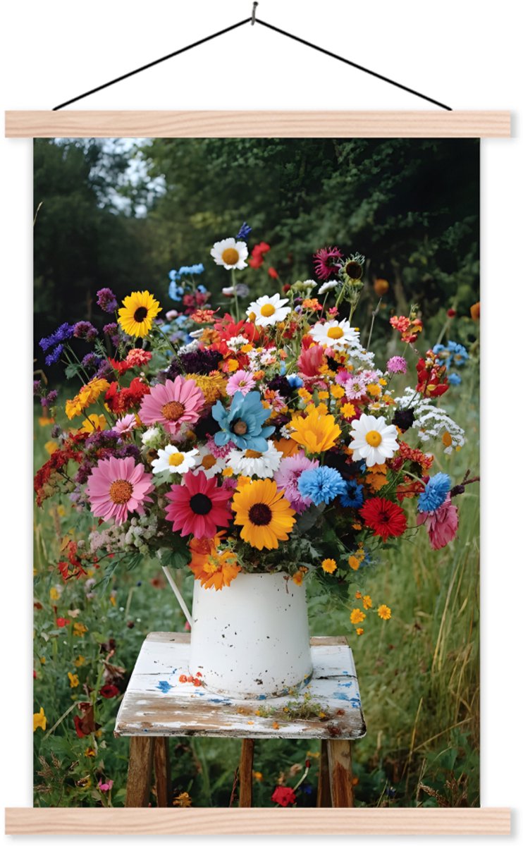 Posterhanger incl. Poster 120x180 cm - Schoolplaat - Bloemen - Krukje - Gieter - Veld - Te