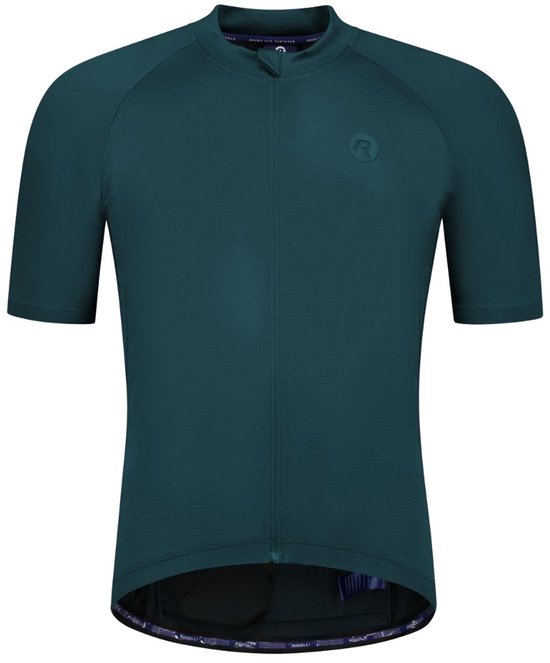 Donkergroen fietsshirt met korte mouwen, rits aan de voorzijde en een logo op de borst.