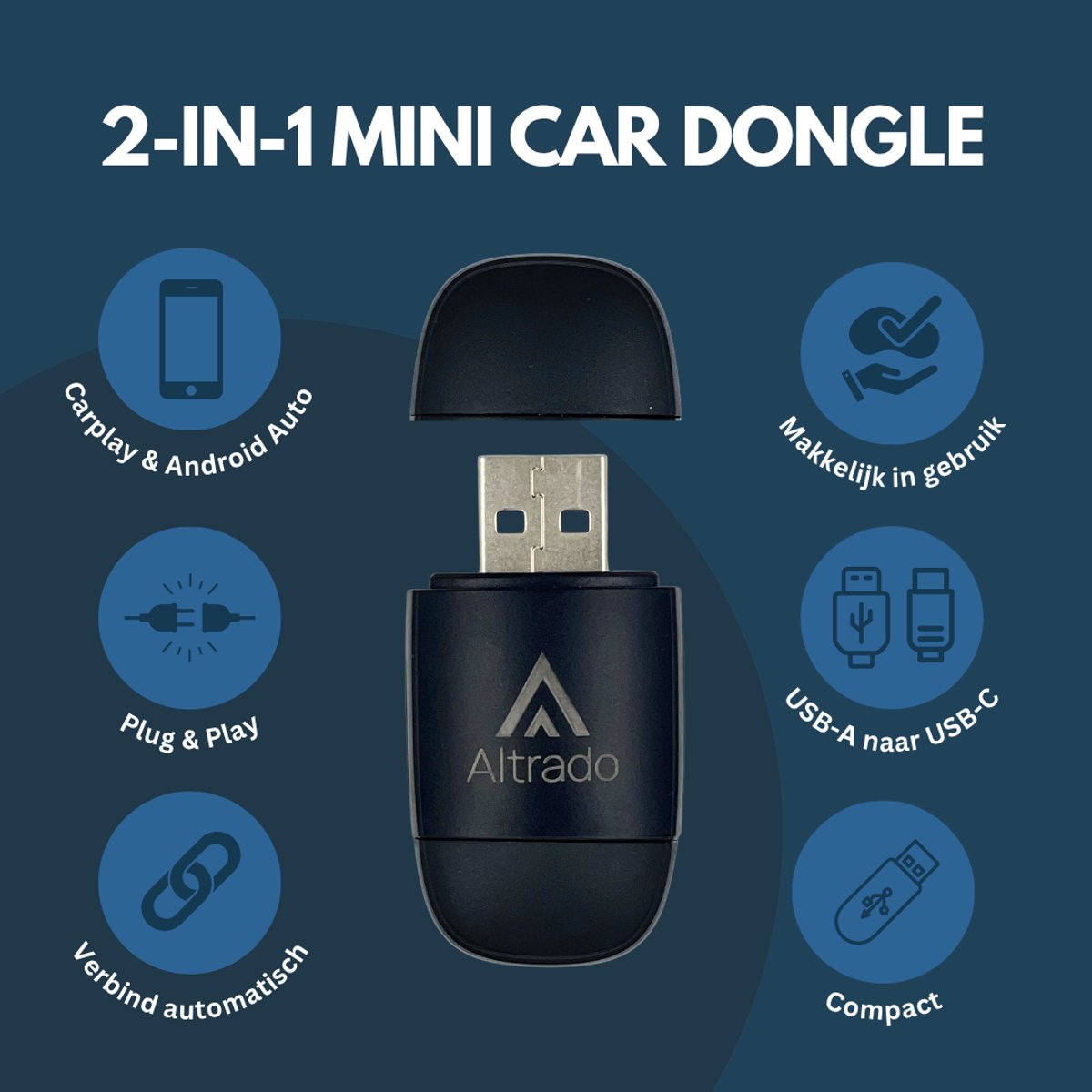 Altrado 2-in-1 Carplay Dongle Draadloos Apple CarPlay Android Auto USB-A USB-C 5GHz WiFi Zwart - Afbeelding 3