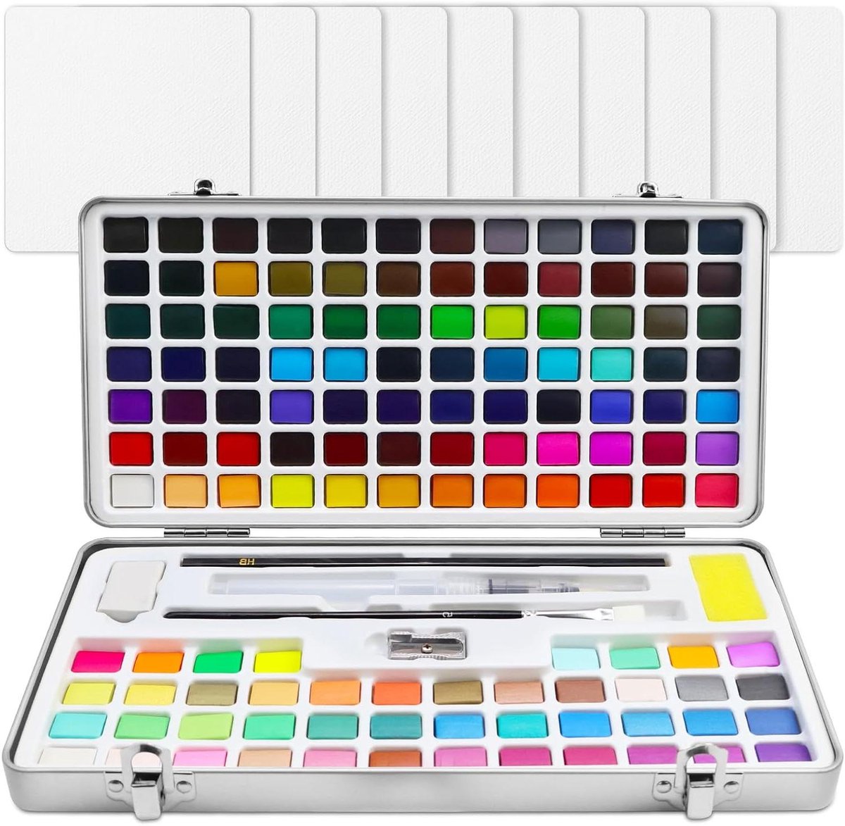 ByShane - Aquarelverfset 128 kleuren inclusief metallic en fluorescerende kleuren - Aquarelpapier en penseel - Reiswaterverfset voor kunstenaars en hobbyschilders