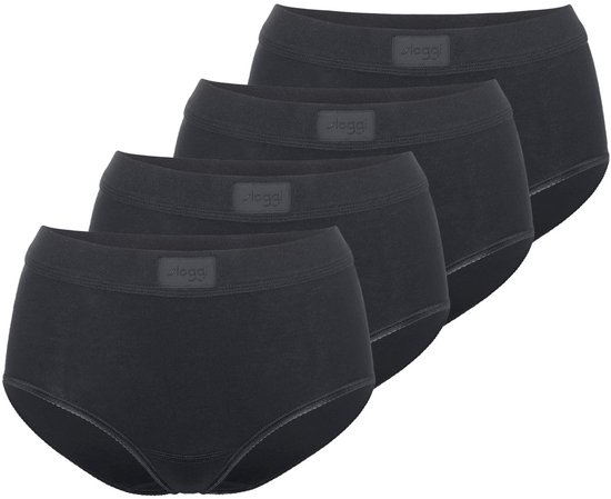 Pak van vier zwarte Sloggi dames maxi slips, elk met een logo label op de tailleband.