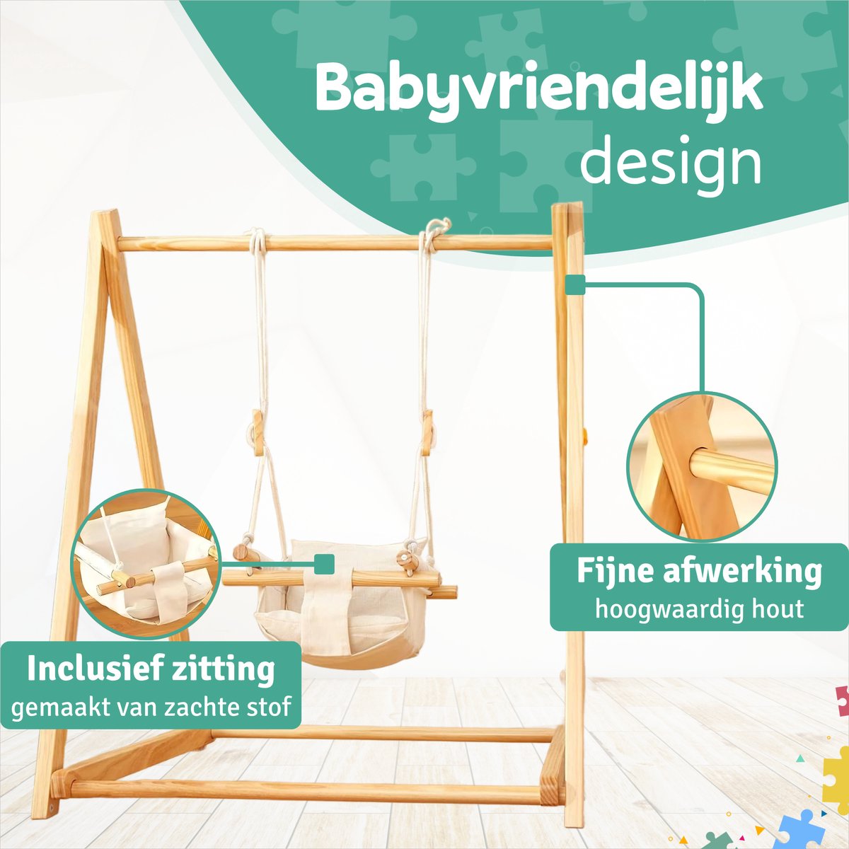Houten Babyschommel - Met Schommelstoel - 6 tot 36 maanden - Inklapbaar - Baby Swing - Baby - Wipstoel Baby - Baby Zitje - Dennenhout - Houten Speelgoed – foto 3