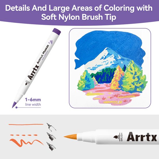 Arrtx acrylmarker met penseelpunt, illustratie van een berglandschap en lijnbreedtes.