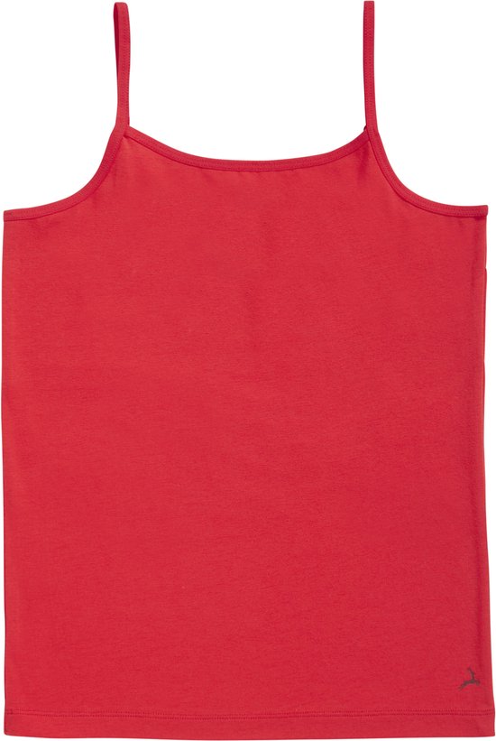 Rode basic top met spaghettibandjes en een klein grijs hertje op de zoom.