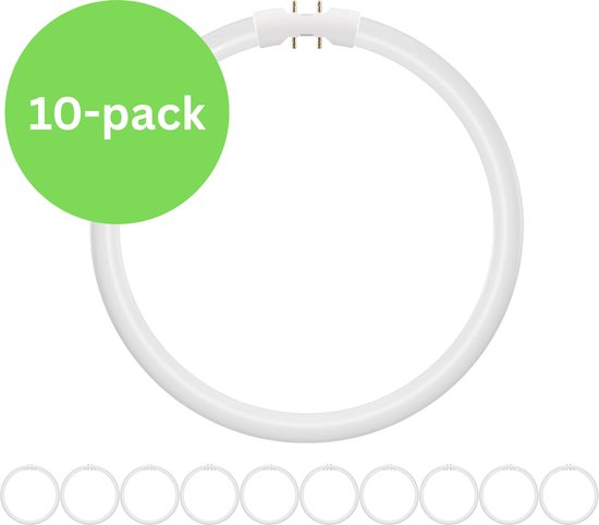 Een 10-pack witte cirkelvormige TL-buizen met gouden pinnen.
