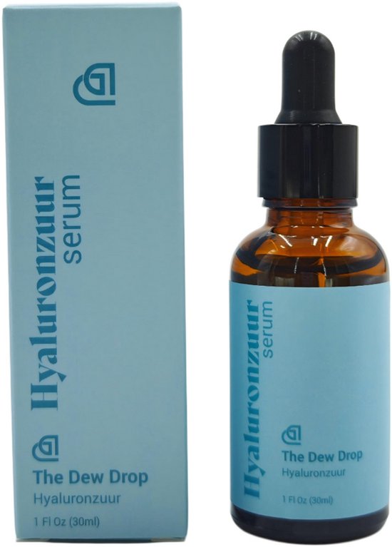 Lichtblauwe doos en flesje met hyaluronzuur serum. Tekst: The Dew Drop Hyaluronzuur.