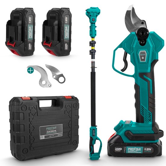 Sécateur électrique ProXtar avec rallonge - Diamètre de coupe 35 mm - Coupe-branches - Sécateur sans fil - Taille-haie - Comprend un étui de rangement, 2 Batteries et un Set de lames de rechange