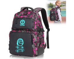 TAN.TOMI - Rugzak Jongens - Schoolrugzak met USB - Reflecterende Rugzak - Meisjes Rugzak - Tieners Dagrugzak - Kinderen Nachtzak - Reflecterende Schooltas - Zwart-Roze