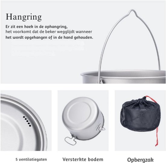 Thuys – Titanium Pannenset – 1,3L –1,95L – 2,9L – Camping Soeppan – Met Deksel – Lichtgewicht Kookgerei — afbeelding 2