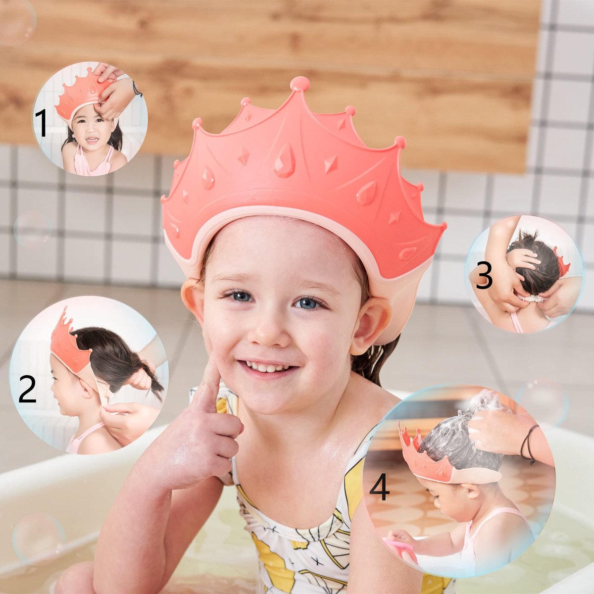 Crrynuo Douchekapje Voor Kinderen - 1 Stuk - Kroon Design - Koraal Roze - Verstelbaar Baby Badmuts - Met Gratis Haarwasborstel En Kopje - Waterdicht - Voor Kinderen Vanaf 6 Maanden