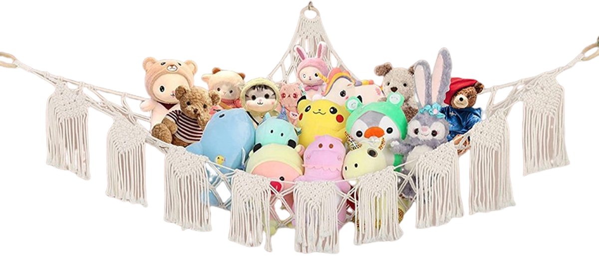CHIWIN Speelgoednet Hangmat - Driehoek Opberghangmat voor Knuffels en Speelgoed - Hoekopslag Zonder Boren Ruimtebesparend Voor Kinderkamer - 107x107x140cm - Katoen
