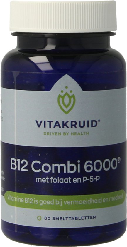 Donkerblauwe pot met witte dop, etiket met logo 'Vitakruid', 'B12 Combi 6000', 'met folaat en P-5-P'. Groene band met 'Vitamine B12 is goed bij vermoeidheid en moeheid'. 60 smelttabletten.