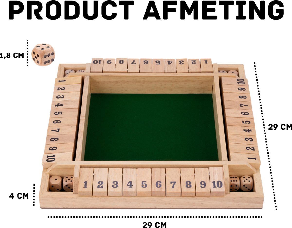 Shut the Box – 4 Spelers – Rubberhouten Bak met Ingelegd Vilt – Inclusief 8 Houten Dobbelstenen – Bordspel 29 x 29 x 3,5 cm – Strategisch Familiespel – Engelhart — afbeelding 3