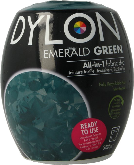 Teinture textile DYLON Emerald Green dans un pot ovale avec une image de gemme et l'étiquette 'READY to use'.