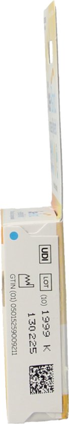 Verpakking met UDI, LOT en GTIN informatie. Witte en gele verpakking met blauw detail.