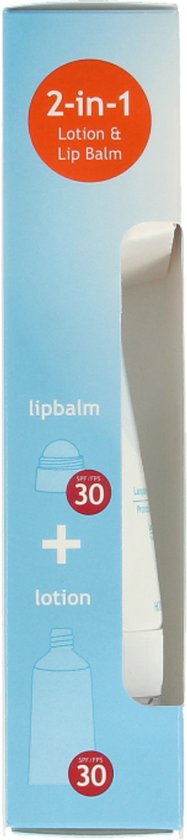 Doosje met een 2-in-1 product: lippenbalsem en lotion, beide SPF 30.