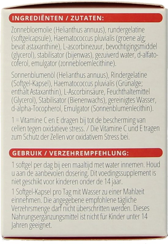 Ingrediënten en gebruiksaanwijzing voor Vitals Astamax 6 mg softgels. Bevat astaxanthine, vitamine C en E voor celbescherming.