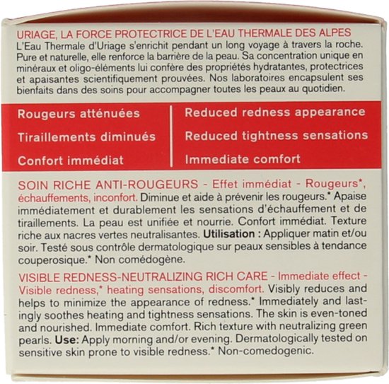 Rode en witte tekst op beige achtergrond. Geeft productvoordelen aan.