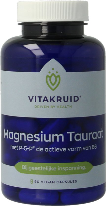Blauwe pot met witte dop, gevuld met blauwe capsules. Etiket met merk, productnaam 'Magnesium Tauraat', actieve vorm B6 en 90 vegan capsules.