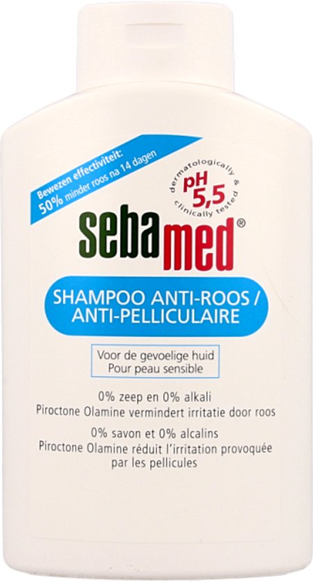 Witte fles Sebamed Anti-Roos Shampoo / Anti-Pelliculaire, 400 ml. 'Voor gevoelige huid'. '0% zeep'.