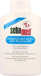 Witte fles Sebamed Anti-Roos Shampoo / Anti-Pelliculaire, 400 ml. 'Voor gevoelige huid'. '0% zeep'.