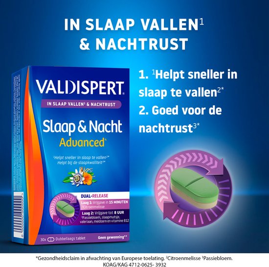Valdispert Slaap & Nacht Advanced verpakking met afbeelding van een dubbellaagse tablet en bloemen.